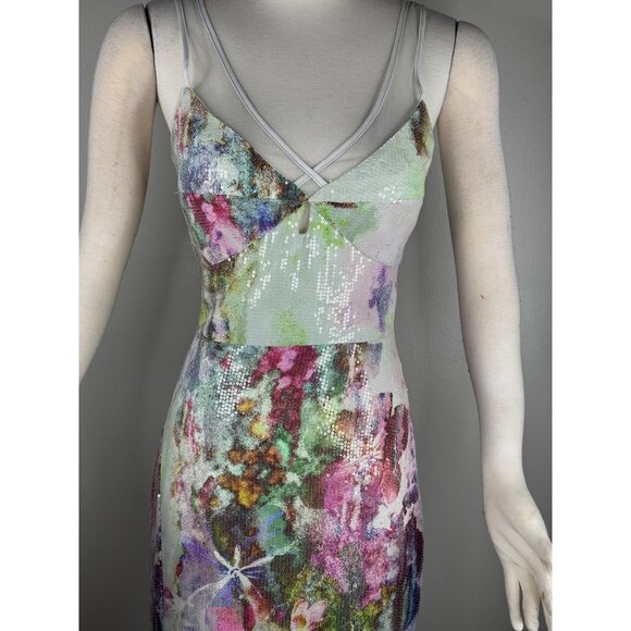 NWT Theia Watercolor Sequin Gown Size 4 Bodycon Column Maxi Dress Muted Colors - Picture 3 of 16